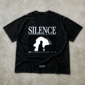 Acid Wash Oversized Drop Shoulder T-Shirt Silence Edition with minimal and beautiful closeup design on Back available in Karachi Pakistan. DTF printed, premium streetwear silhouette. Available in M, L, XL.