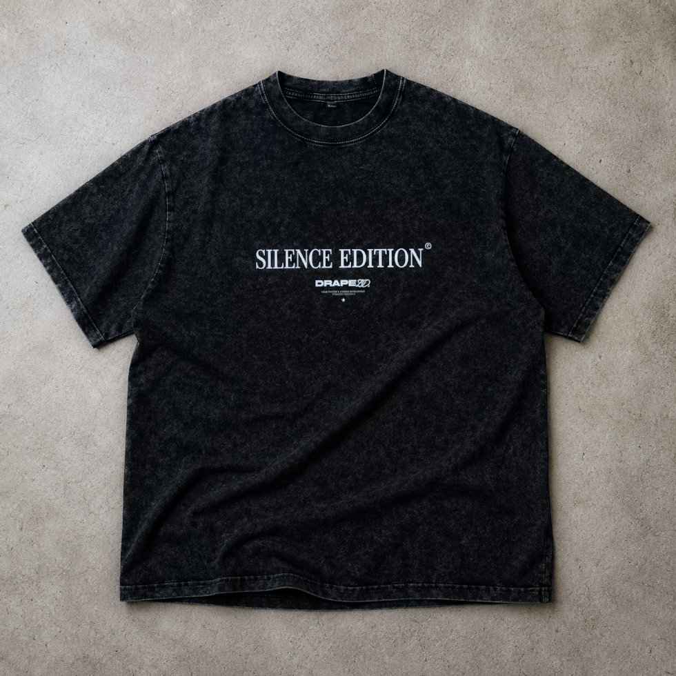 Acid Wash Oversized Drop Shoulder T-Shirt Silence Edition with minimal and beautiful closeup design on Back available in Karachi Pakistan. DTF printed, premium streetwear silhouette. Available in M, L, XL.